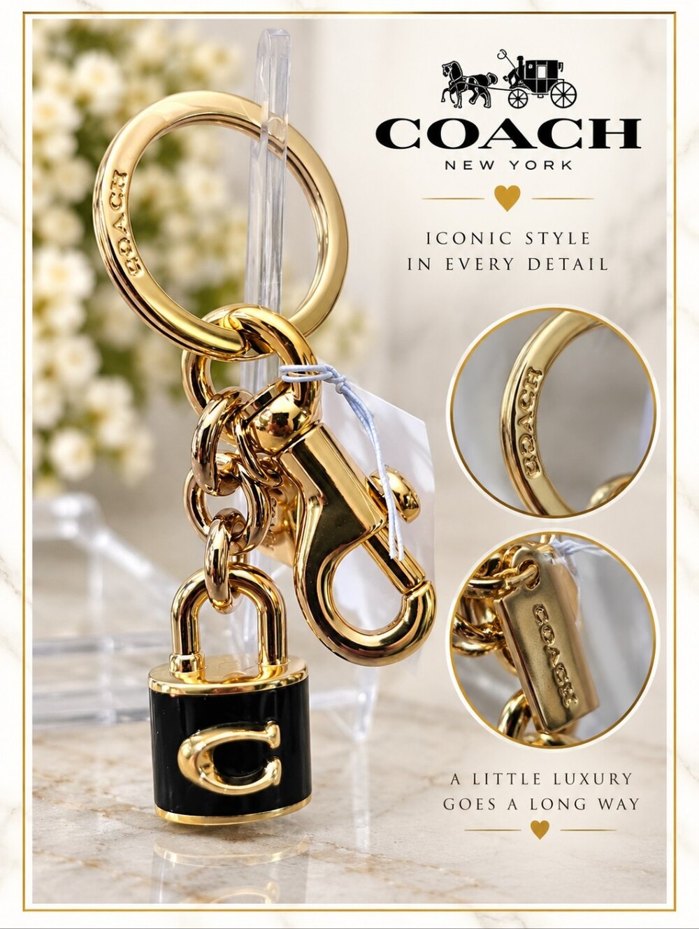 Coach Gold Tone & Black Leather Padlock C Bag Charm/Keychain – NWT